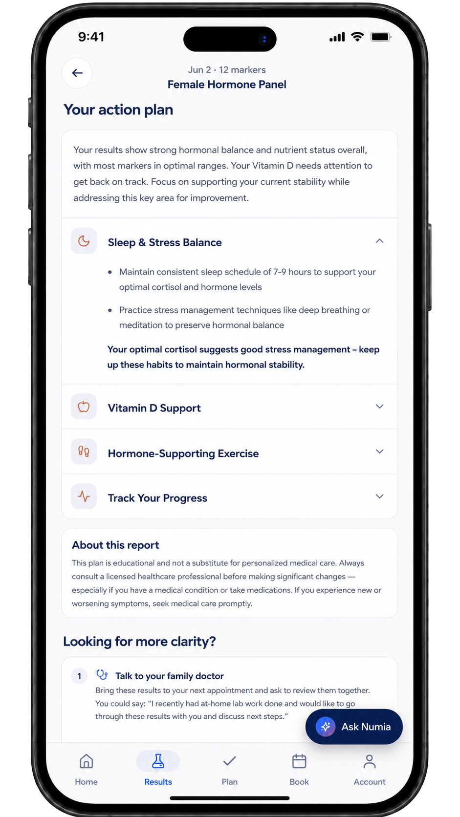 A weekly personalized action plan in the Numia app
